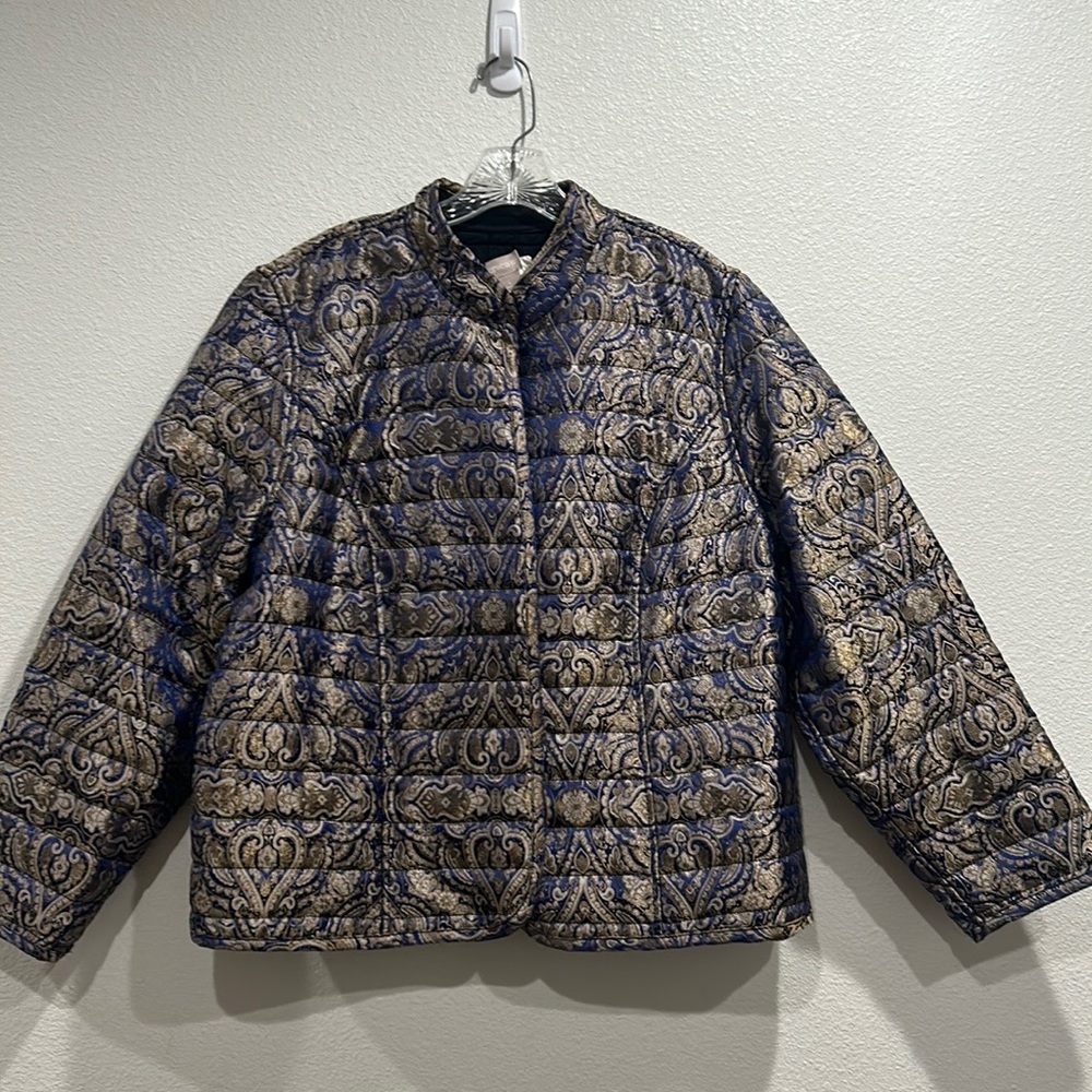 Women's Chico's Gold & Blue Paisley Open Front Jacket Size 4 US SZ 20/22